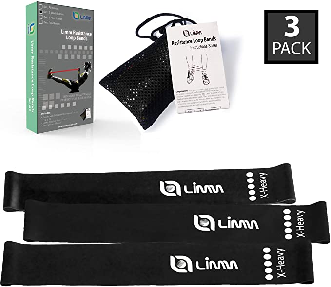Limm Resistance Bands Exercise Loops - 12-inch Full Body Workout Bands for Physical Therapy, Rehab, Stretching, Home Fitness, Yoga & More - Bonus EBooks, Instruction Manual, Online Videos & Carry Bag
