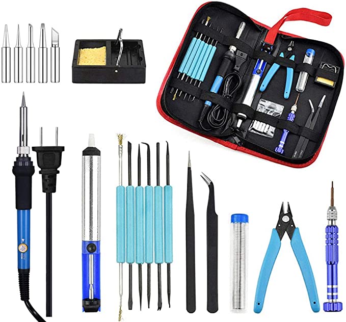 Bysameyee Soldering Iron Kit, 60W Adjustable Temperature Welding Tool for Electronics, with Desoldering Pump Soldering Iron Stand Screwdriver Tin Wire Pliers Storage Bag