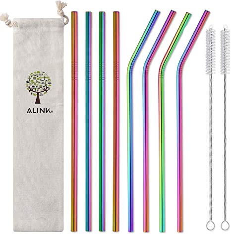 ALINK Stainless Steel Straws, 10.5 Inches Long Reusable Replacement Metal Straws for 20 30 OZ Yeti Tumbler, RTIC, Tervis, Ozark Trail, Starbucks, Mason Jar, Set of 8 with Cleaning Brush，Rainbow Color