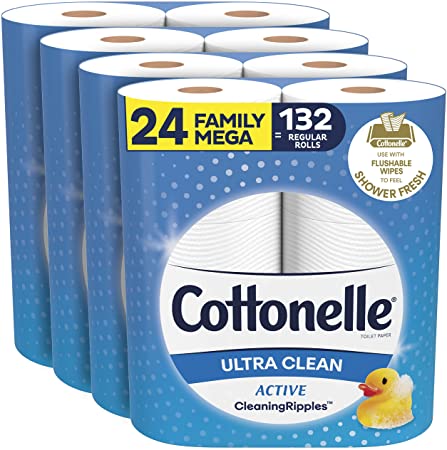 Cottonelle Ultra Clean Toilet Paper with Active CleaningRipples Texture, Strong Bath Tissue, 24 Family Mega Rolls (24 Family Mega Rolls = 132 regular rolls) (4 Packs of 6 Rolls) 388 Sheets per Roll