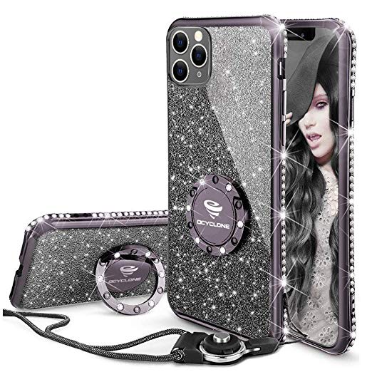 Cute iPhone 11 Pro Case, Glitter Luxury Bling Diamond Rhinestone Bumper with Ring Grip Kickstand Protective Thin Girly Pink iPhone 11 Pro Case for Women Girl [5.8 inch] 2019 - Black
