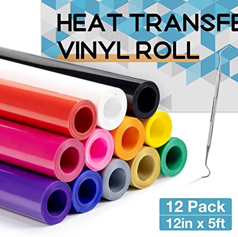 HTV Heat Transfer Vinyl Bundle - 12" x 5ft HTV Vinyl Rolls for Cricut, Silhouette & Cameo 12Pack Assorted Colors Iron on Vinyl Bundle by JANDJPACKAGING