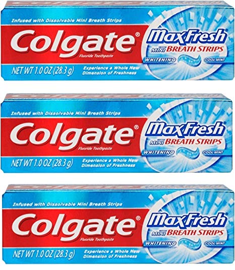 Colgate Max Fresh Toothpaste Fluoride Mini Breath Strips Cool Mint 1 oz Travel Size ( Pack of 3)