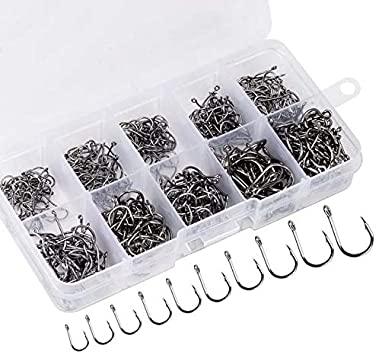 500PCS High Carbon Steel Fishing Hooks，10 Sizes Fishing Hooks W/Portable Plastic Box, Strong Sharp Fish Hook with Barbs for Freshwater/Seawater