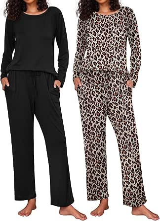 Ekouaer 2 Pack Women's Pajama Set Soft Long Sleeve Sleepwear Loungewear Pjs Sets with Pockets S-XXL