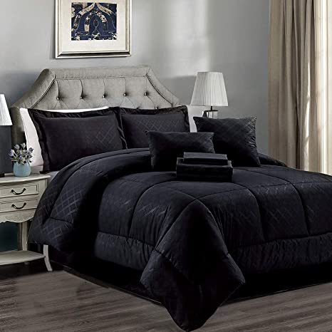 JML Queen Comforter Set, 10 Piece Microfiber Bedding Comforter Sets with Shams - Luxury Solid Color Quilted Embroidered Pattern, Perfect for Any Bed Room or Guest Room Black