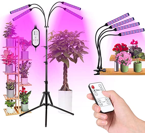 Decdeal Grow Light with Stand and Clip, 192 LEDs Grow Lights for Indoor Plants with Red Blue Spectrum and UV IR, 10 Dimmable Levels, 3 Timer, RF Remote Control