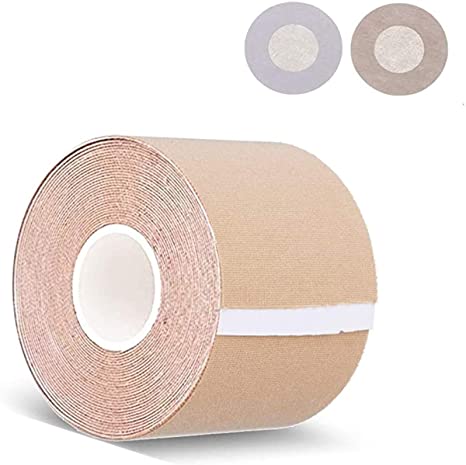 CAMTOA Bob Tape and 5 Pairs Backless Nipple Cover Set, Breathable Breast Lift Tape Athletic Tape with Breast Cover Reusable Adhesive Bra for A-E Cup Large Breast