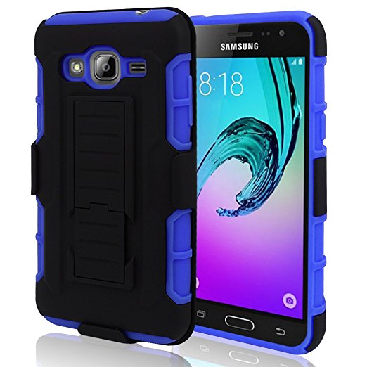 Samsung Galaxy J3 Case, Express Prime Case, Amp Prime Case, SUMOON [Heavy Duty] Hybrid Dual Layer Premium Full-body Rugged Armor Combo Locking Belt Swivel Clip Holster Cover with Kickstand (Blue)
