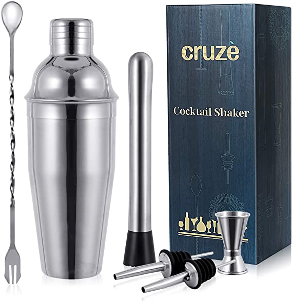 Cocktail Shaker Bar Mixer Set-Professional Bartender Premium Stainless Steel 25oz. Perfect For Homemade Party Drinks with Your Favourite Liquor Mixes. This 6 Piece Kit Has All The Essentials You Need.