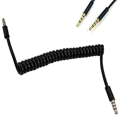 3.5mm Male To Male Jack 4 Pole Extension Aux Audio Coiled Spiral Cable 3.25Feet for iPhone,Samsung Galaxy iPad,iPod, Smartphones, Tablets, computers，Car Radios, Media Players And More(Glossy black)