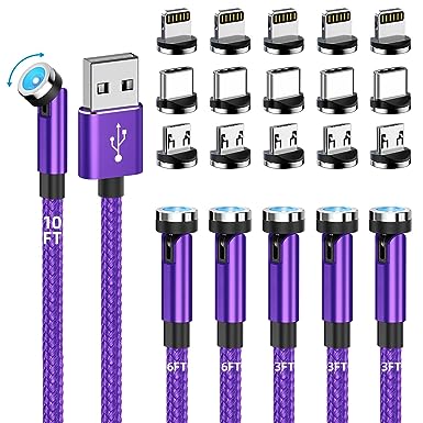 Magnetic Charging Cable 540° Rotating Magnetic Phone Charger [6-Pack, 3ft/3ft/3ft/6ft/6ft/10ft] 3 in 1 Magnetic Charger Cable Nylon Braided Magnetic USB Cable for iPhone/Micro USB/Type C Device-Purple