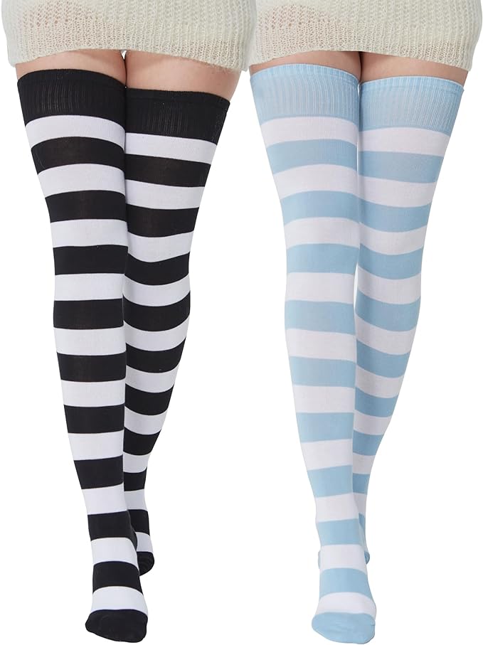 BABAHU Womens Extra Long Cotton Stripe Thigh High Socks Over the Knee High Socks