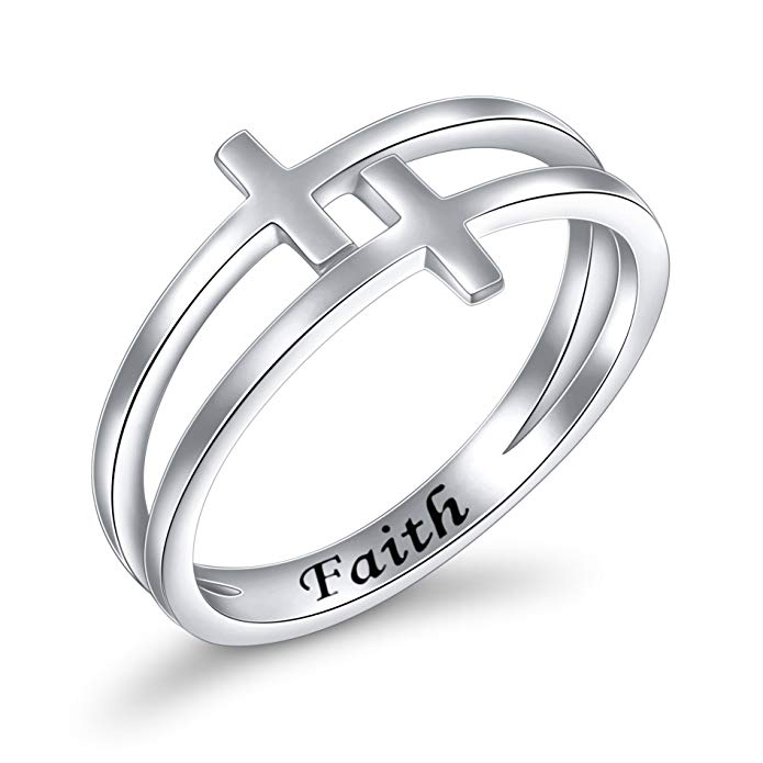 Inspirational Jewelry Sterling Silver Engraved Faith Double Cross Ring Christian Fashion Band Ring for Women Mother, Size 6-8