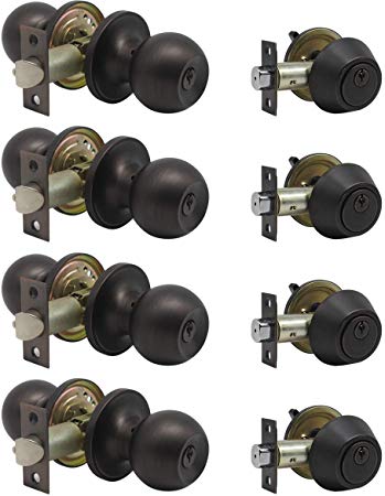 4 Pack Keyed Alike Entry Door Knobs and Single Cylinder Deadbolt Lock Combo Set Security for Entrance and Front Door with Classic Oil Rubbed Bronze Finish