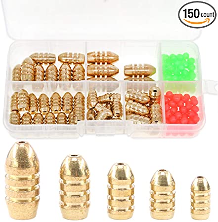 Hilitchi 150-Pcs 5 Sizes Brass Bullet Weights Fishing Sinkers Kit with Brass Sinker Weights Worm Weights with Two Kinds Plastic Luminous Beads for Freshwater Saltwater Bass Fishing