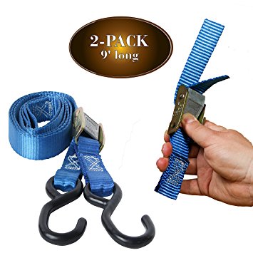 Kit of 2 Motorcycle Tie-Down Cam Straps, 1" x 9' Strong TieDown Straps with Durable Polyester and Vinyl-Coated S Hooks, Tie Down Cargo in Pickup Bed, Moving Truck, Flatbed, Trailer, by DC Cargo Mall
