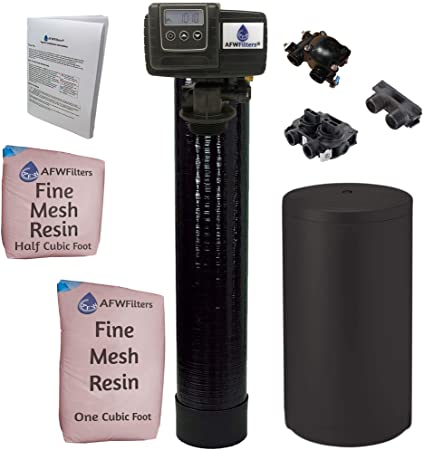 Fleck Whole House Water Softener System 5600sxt Digital Meter Grain-Includes Valve & brine Tank with Safety Float (48k 1 Inch Bypass, Black Fine Mesh Resin)