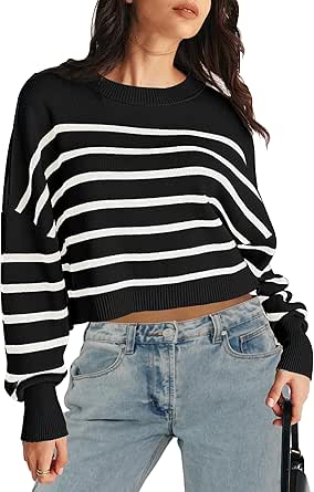 MEROKEETY Women's Long Sleeve Crew Neck Striped Crop Sweater Ribbed Knit Pullover Jumper Tops