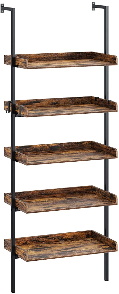 Rolanstar 5-Tier Bookshelf with 3 Hooks, Wall Mount Bookcase with Wooden Edge 72", Storage Rack with Open Shelves Display Plant Flower Stand Organizer for Living Room, Home Office, Rustic Brown