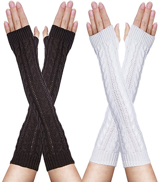 Oryer 2 Pairs Womens Winter Knit Long Fingerless Gloves - Thumbhole Arm Warmers