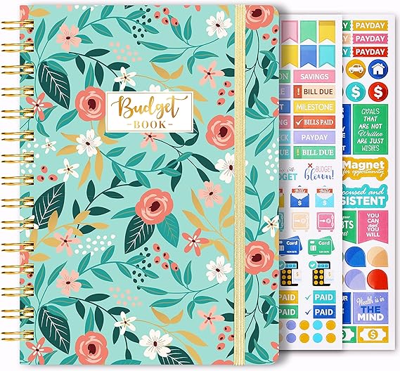 Budget Planner - Monthly Budget Planner, 12 Monthly Undated Financial Organizer, 6.1" x 8.27", Expense Tracker, Monthly Bill Planner with Stickers, Pocket, Spiral Binding and Elastic Closure