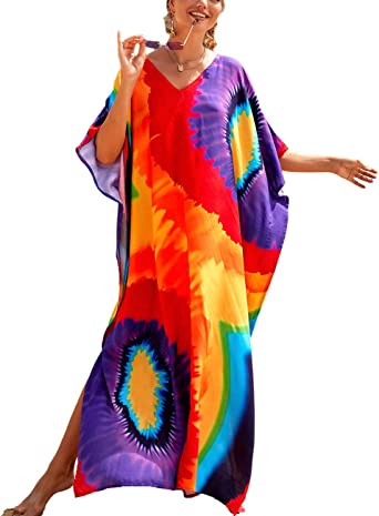 Bsubseach Plus Size Bathing Suit Cover Up Colorful Caftan Dress for Women Long Bikini Coverup