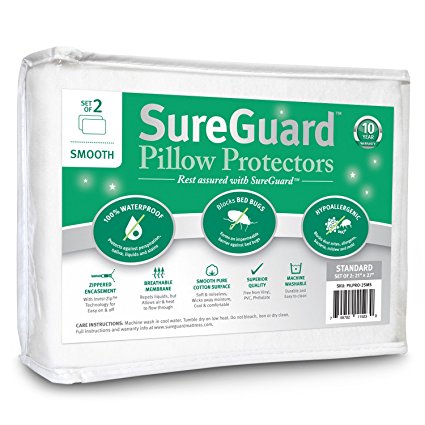Set of 2 Smooth SureGuard Pillow Protectors - 100% Waterproof, Bed Bug Proof, Hypoallergenic - Premium Zippered Cotton Covers - 10 Year Warranty - Standard Size