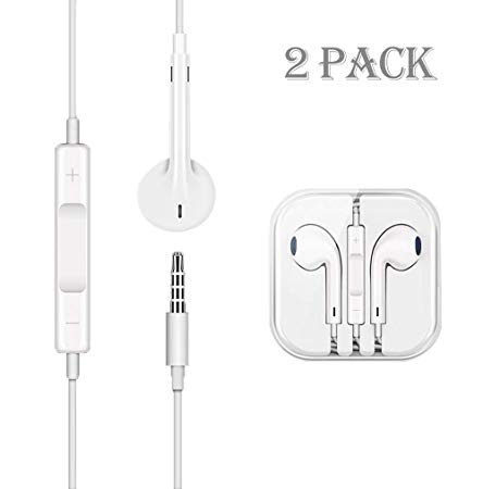 2 Pack Premium Headphones/Earbuds/Headsets, 3.5mm Earphones with Stereo Mic Noise Isolating Remote Control for Most Smartphones and Computers[White]