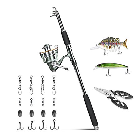 Rose Kuli Fishing Rod Kits Include 1pcs Spin Spinning Carbon Fishing Rod Pole 1pcs 12 1 Stainless Steel Ball Bearings Fishing Reel 2pcs Bass Bait Hard Lures 1pcs Fishing Plier and Other Accessories