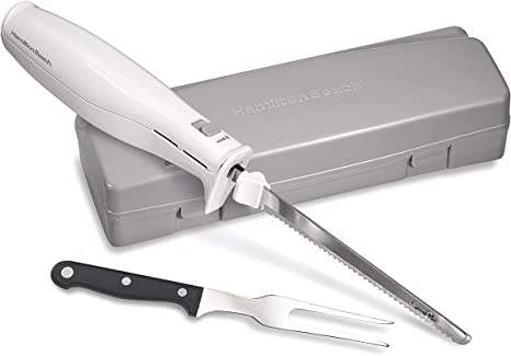 Electric Knife for Carving Meats, Poultry, Bread, Crafting Foam & More, Storage Case & Serving Fork Included, White, New