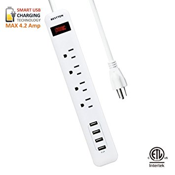 BESTTEN Surge Protector Power Strip with 4 USB Charging Ports and 4 Outlets, Wall Mount Holes, 6-foot Heavy Duty Cord