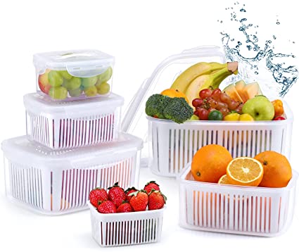 Fruit Vegetable Produce Storage Saver Containers with Lid & Colander | LUXEAR 5 Packs BPA-Free Plastic Fresh Keeper Set | Refrigerator Fridge Organizer | for Salad Berry Lettuce Food Meat Fish Celery