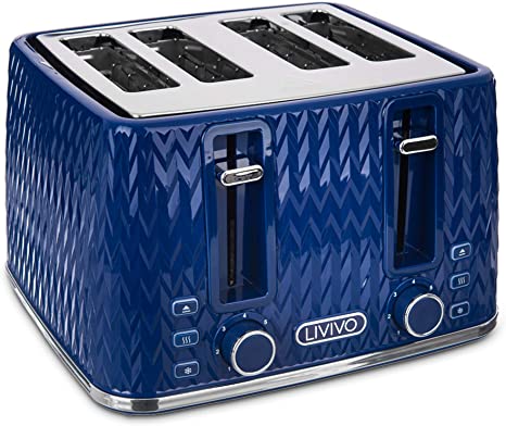 LIVIVO Taurus 4 Slice Toaster Glossy Finish with Extra Wide Slots - 6 Browning Bread Toast Settings - Reheat Defrost & Cancel Functions – High Lift – Removable Slide On Crumb Tray 1750w (Navy)