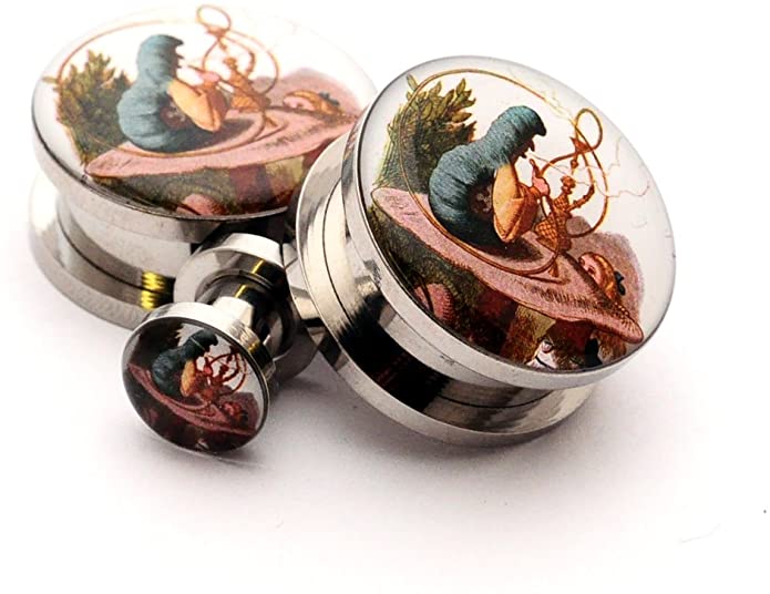 Screw on Plugs - Alice In Wonderland Style 4 Picture Plugs - 7/16" - 11mm - Sold As a Pair