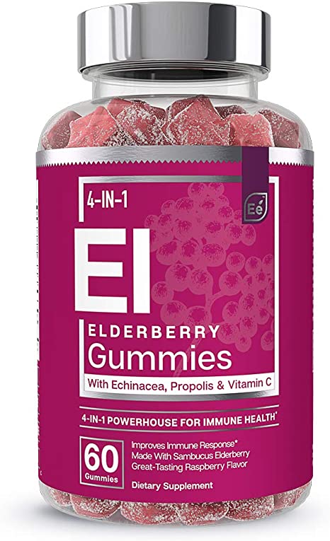 Elderberry Gummies for Adults - 4-in-1 Immune Support Formula w/Sambucus nigra, Vitamin C, Echinacea, Propolis Extract | by Essential Elements - 60 Count