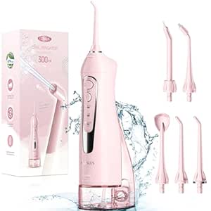 COSLUS Water Dental Flosser Teeth Pick: Portable Cordless Oral Irrigator 300ML Rechargeable Travel Irrigation Cleaner IPX7 Waterproof Electric Waterflosser for Teeth Cleaning F5020E Pink