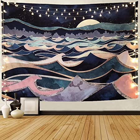 Joddge Sea Tapestry Ocean Tapestry Moon Tapestry Nature Landscape Tapestry Wall Hanging for Room(51.2 x 59.1 inches)