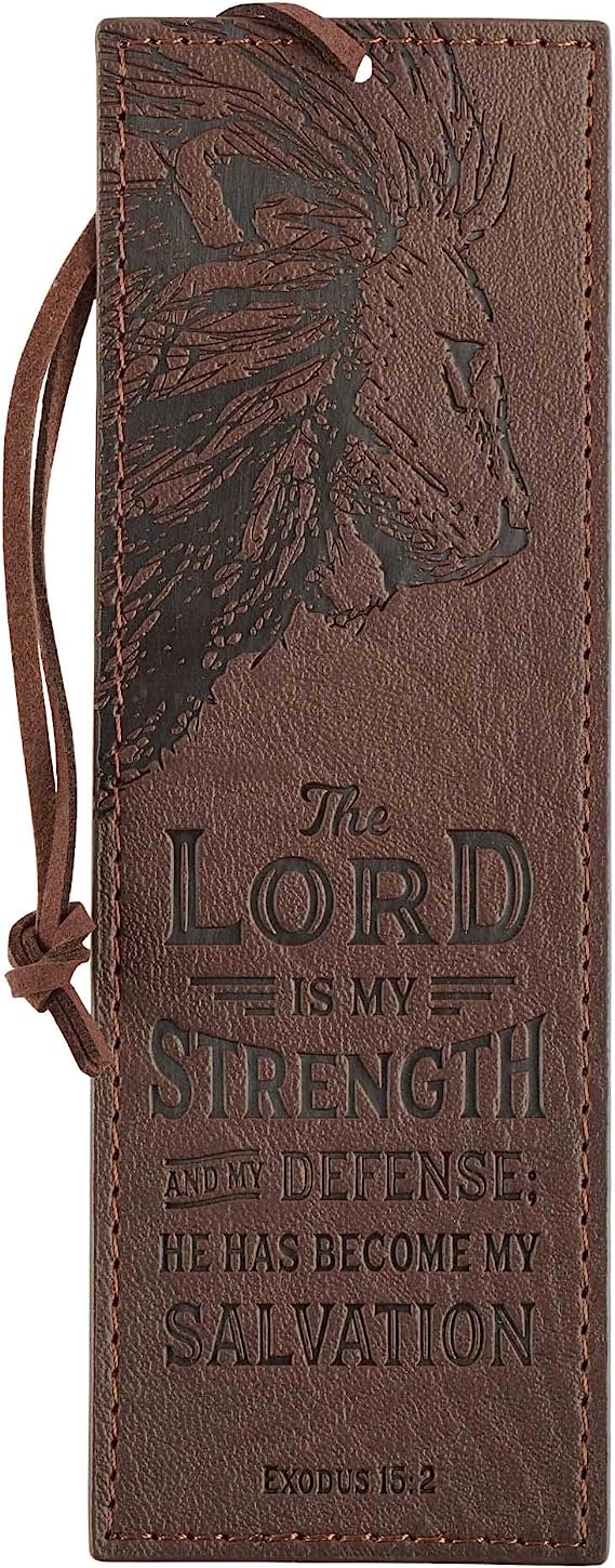 Christian Art Gifts Faux Leather Bookmark The Lord is My Strength Exodus 15:2 Bible Verse, Brown