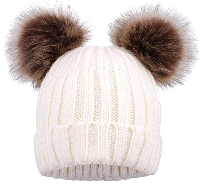 Arctic Paw Cable Knit Beanie with Faux Fur Pompom Ears