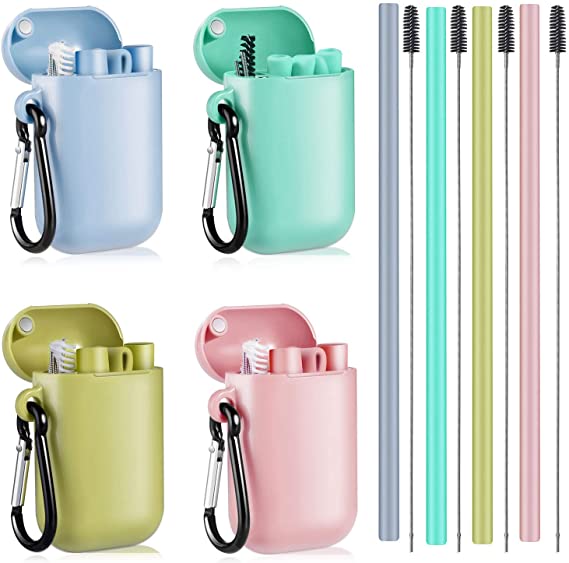 ALINK Reusable Silicone Collapsible Straws, 4-Pack Portable Drinking Straws with Carrying Case and Cleaning Brush - Pink, Mint, Green, Light Blue