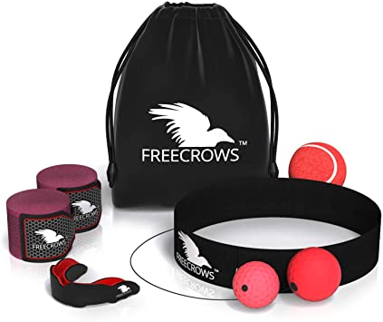 FreeCrows - Boxing Reflex Ball - Boxing Wraps - MMA Mouthguard - SET of 3 - Box Headband with 3 Punching Ball on String - PRO Boxing Equipment for Training and Fighting