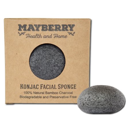 Konjac Sponge with Bamboo Charcoal - 100 Natural Charcoal Face Cleansing Sponge for Improving Skins Look and Feel - Facial Sponge with Attached String for Hanging to Dry