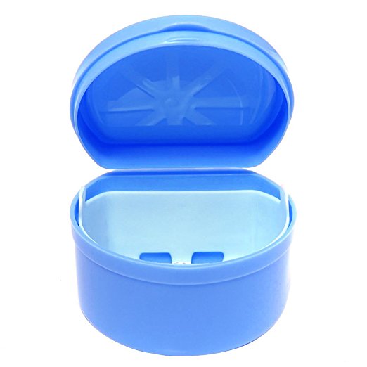 Plastic False Teeth Denture Bath Retainer Dental Orthodontic Mouth Guard Storage Container Box Case Holder with Strainer Blue