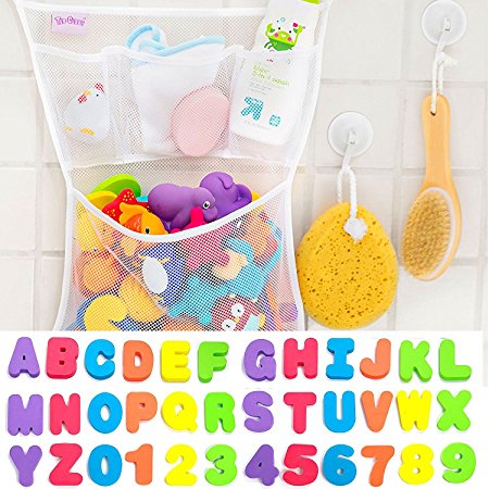 36 Bath Toys Letters & Numbers   The Original Toy Organizer by Tub Cubby   Quick Dry Storage Net   Lock Tight Suction Hooks & 3M Stickers - Sure Not To Fall.
