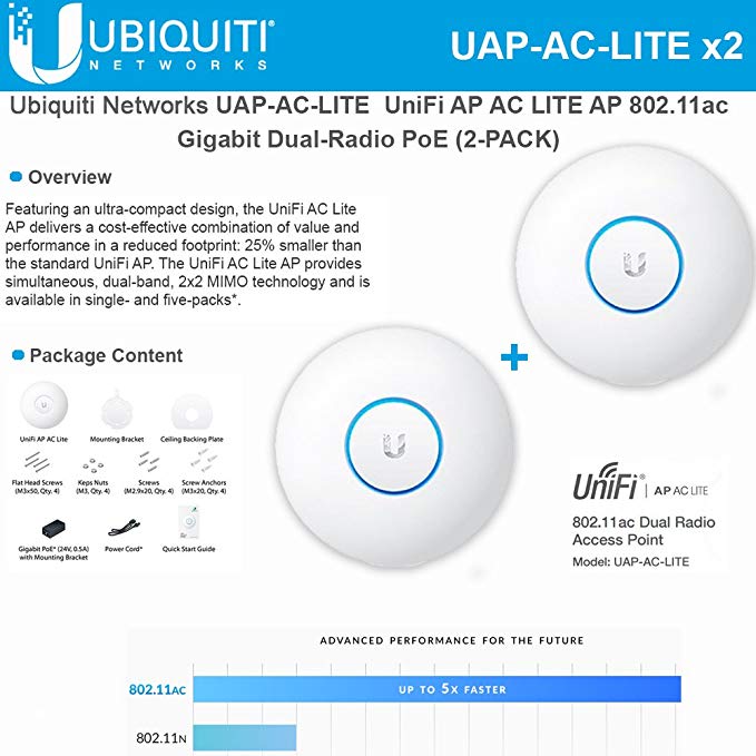 Ubiquiti UAP-AC-LITE 2-PACK UniFi AP AC LITE AP 802.11ac Gigabit Dual-Radio PoE