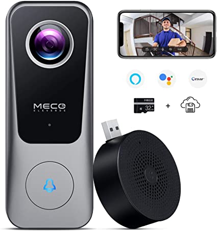 MECO Video Doobell Camera 2K HD Smart Doorbell with Chime, 32GB SD Card, 2-Way Audio, Motion Detection, Weatherproof, Work with Alexa and Google Assistant, Hardwired Connected