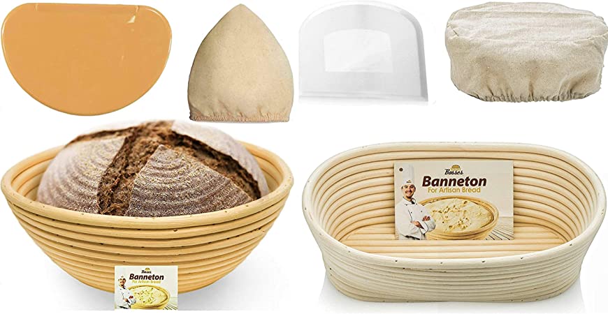 Bread Bosses Round and Oval Bread Banneton Proofing Basket - Proving Baskets for Sourdough Lame Bread Slashing Scraper Tool Starter Jar Proofing Box - Great As A Gift