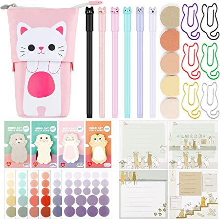 547 Pieces Cat Stationary Set, Transformer Stand Store Pencil Holder Gel Ink Pen Cat Notes Page Index Tabs Cat Shaped Paper Clip and Round Sticker, Home Office School Supplies for Cat Lover