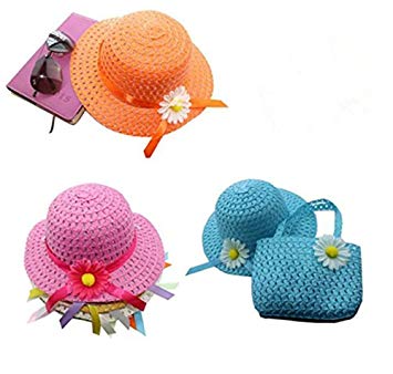 3 Girls Tea Party Sun Hat and Purse Sets. Includes 3 Purses & 3Daisy Flower Sunhats（Random Color）